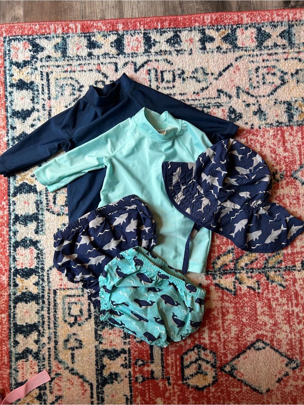 (6-24 months) 2T Baby/ Toddler Navy and Aqua Swim Set with Shark Print